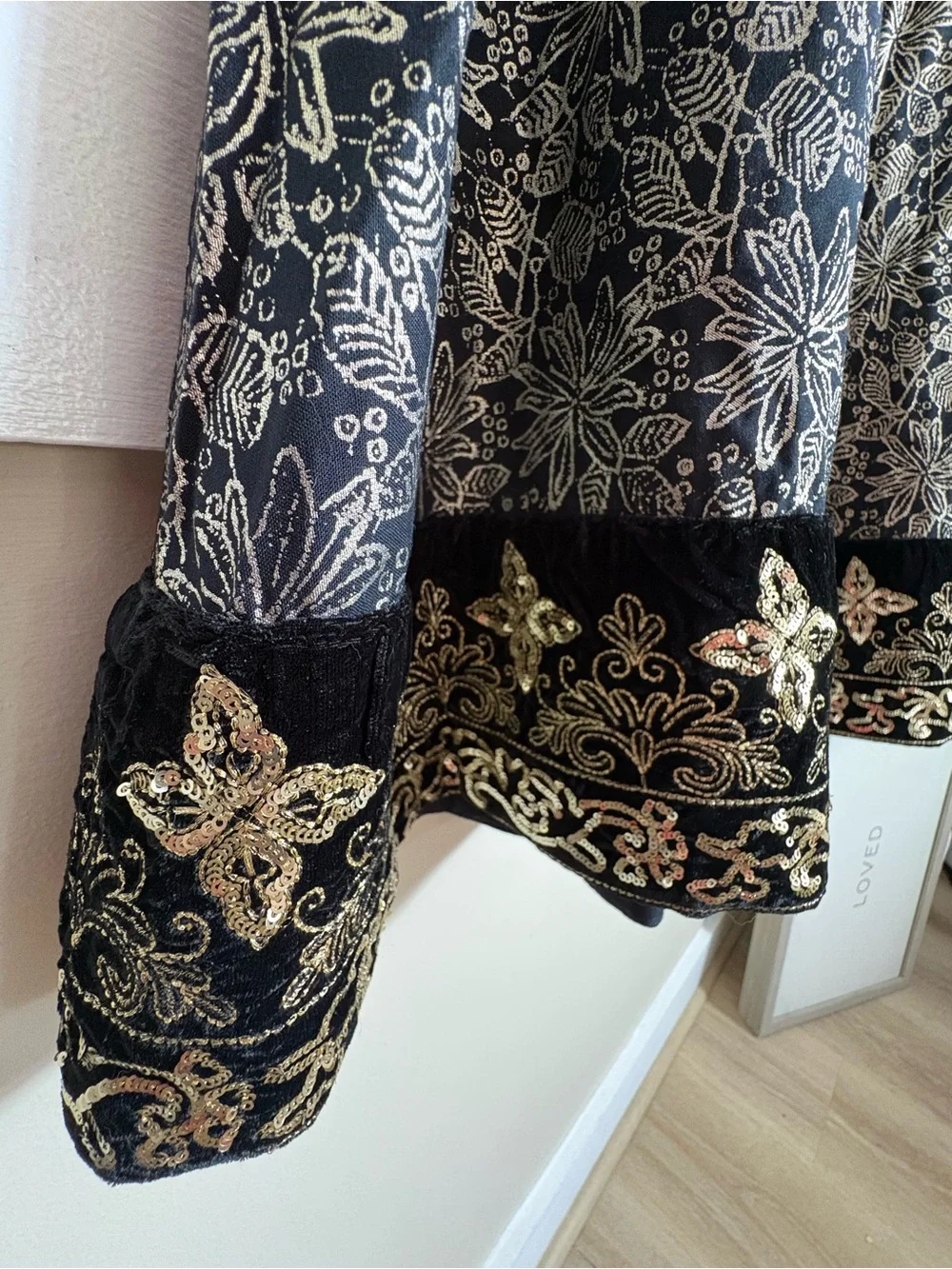 Soft Surroundings Petite Large Maxi Skirt Black Gold Velvet Sequin Boho Luxe - Picture 5 of 12